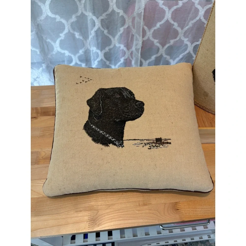 Vintage Black Labrador Dog Wastebasket and Pillow Set Burlap Style Home Decor